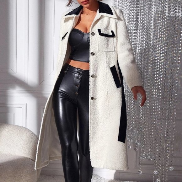 Chic Colorblock Flap Pocket Belted Overcoat - Picture 3 of 5